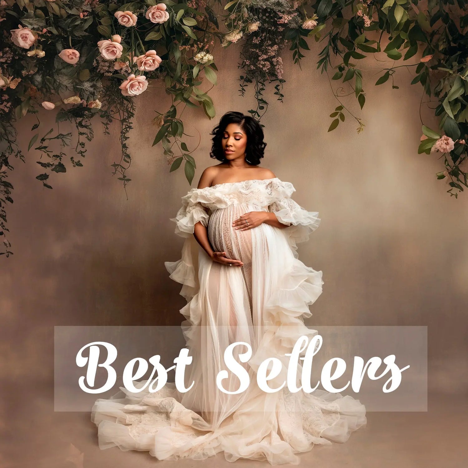 Cover image for digital backdrops bundles collection – mother and daughter in beige dresses surrounded by butterflies