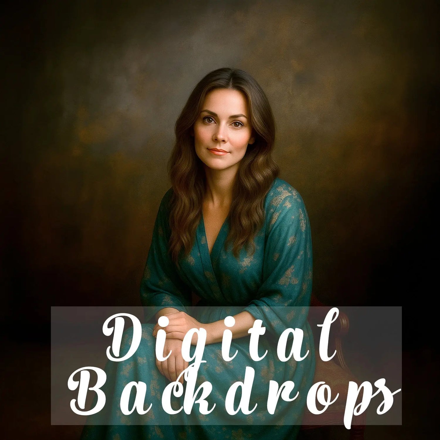 Cover image for digital backdrops collection – fine art portrait of woman in green dress with painterly background
