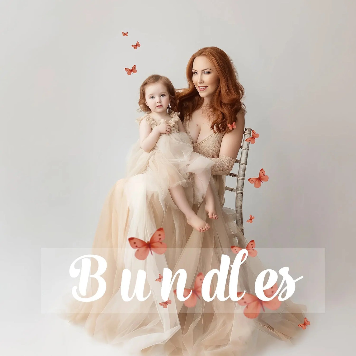 Cover image for digital backdrops bundles collection – mother and daughter in beige dresses surrounded by butterflies