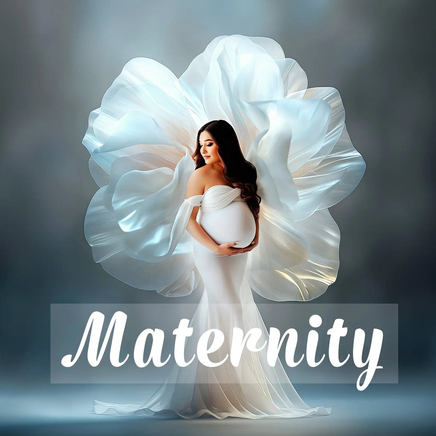 Cover image for maternity digital backdrops collection – pregnant woman in white gown standing in front of large floral background