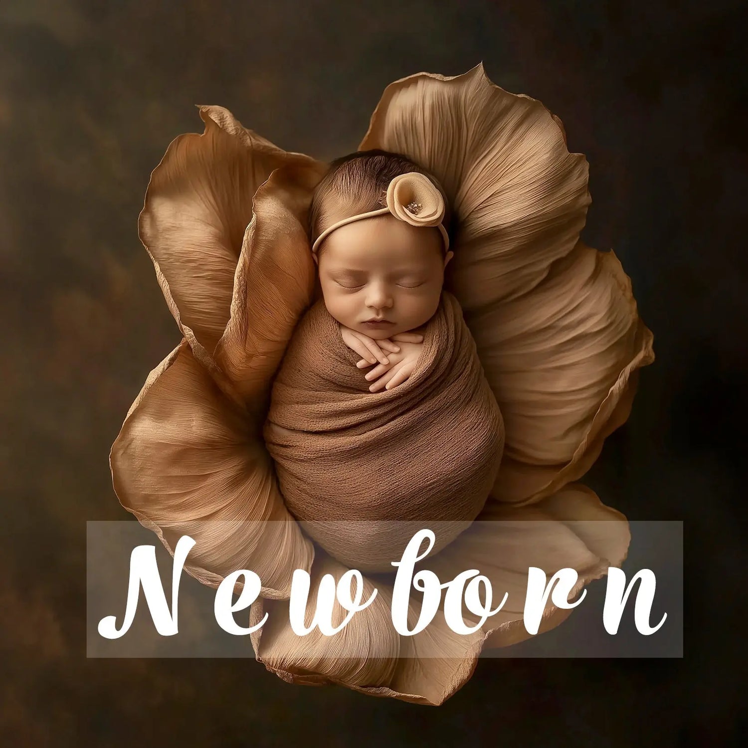 Cover image for Newborn digital backdrops collection – sleeping baby wrapped in brown fabric with flower petal background