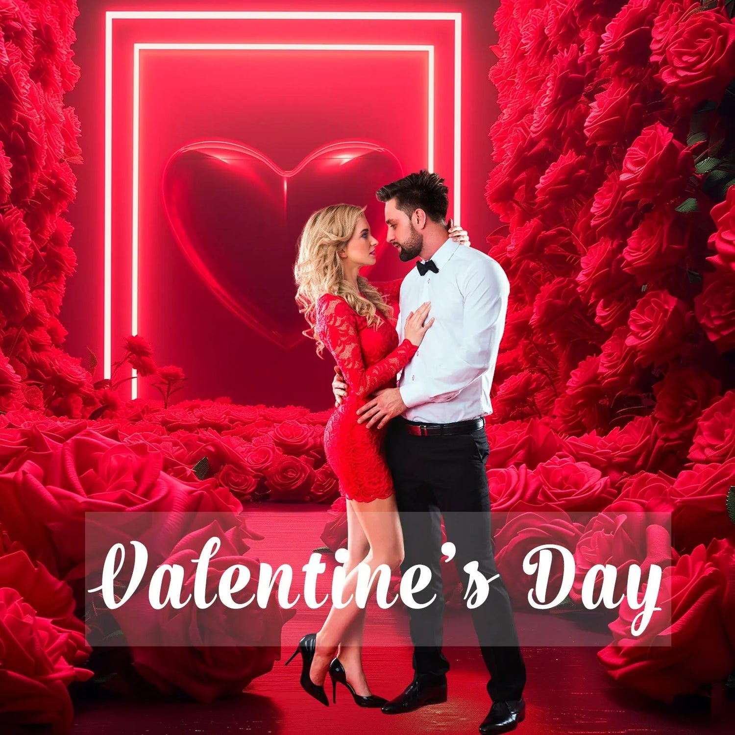 Cover image for Valentine's Day digital backdrops collection – romantic couple surrounded by red roses and neon heart