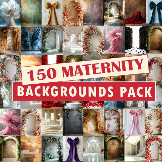 Collage of various maternity background images with decorative elements.