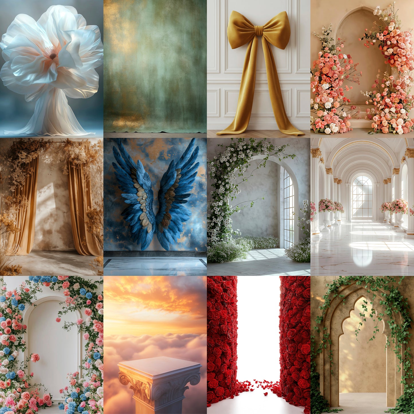 Collage of decorative arches, floral arrangements, and architectural elements.