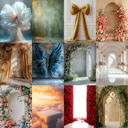 Collage of decorative arches, floral arrangements, and architectural elements.