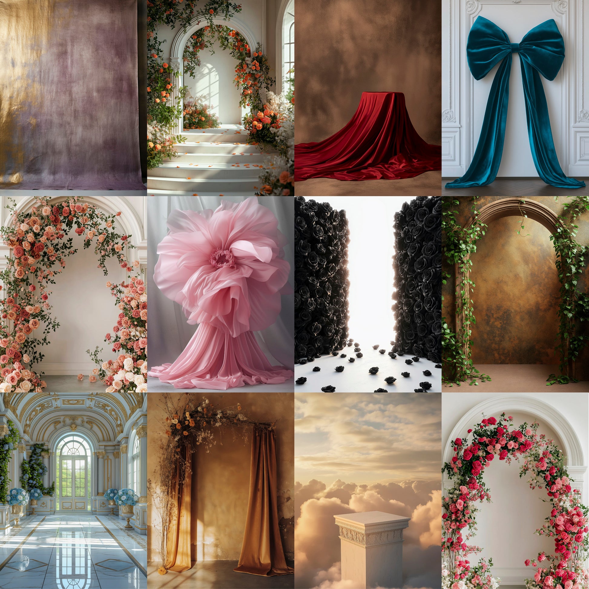 Collage of various decorative elements including floral arches, curtains, and a large bow.