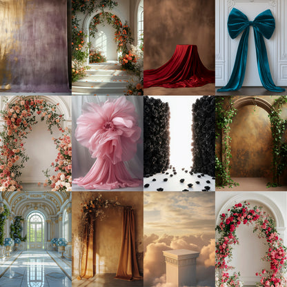 Collage of various decorative elements including floral arches, curtains, and a large bow.