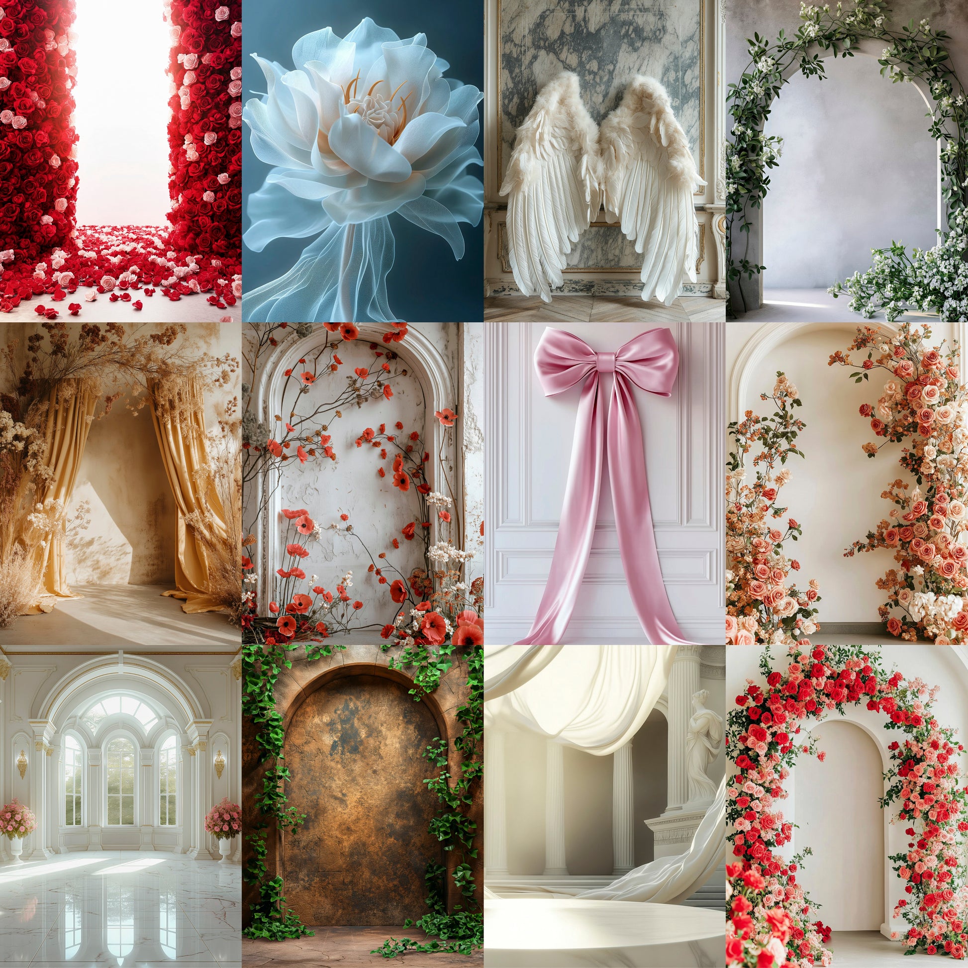 Collage of decorative elements including floral arches, statues, and architectural details.