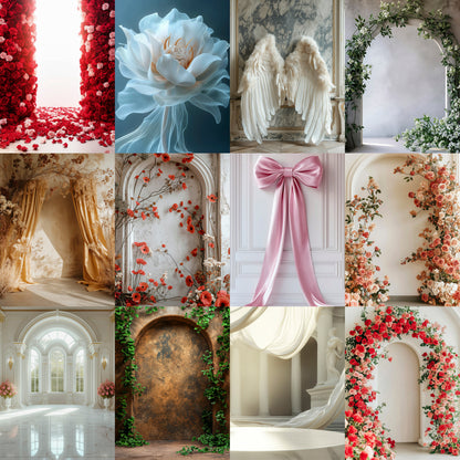 Collage of decorative elements including floral arches, statues, and architectural details.