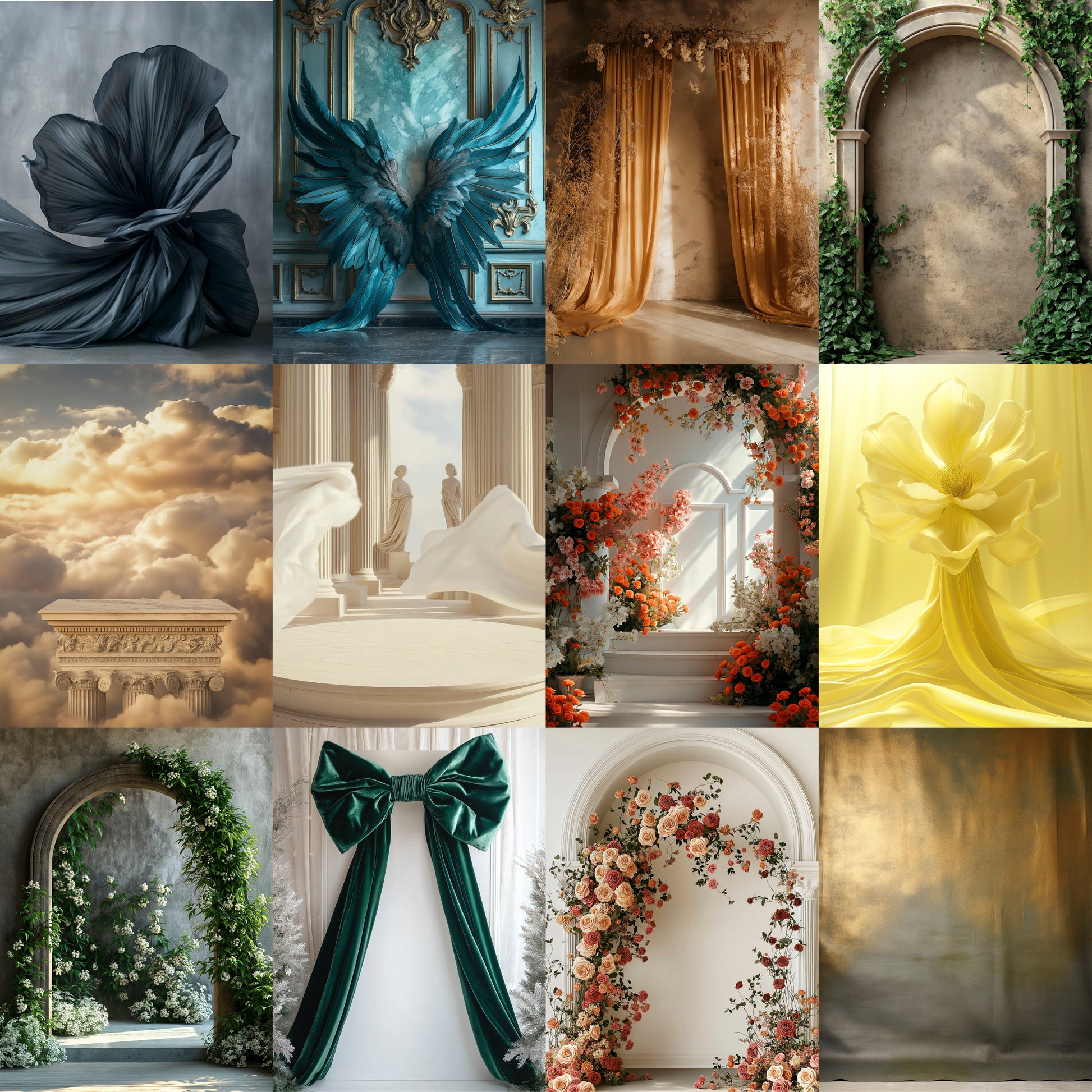 Collage of various decorative elements including floral arrangements, architectural features, and a bow.