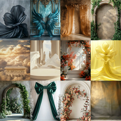 Collage of various decorative elements including floral arrangements, architectural features, and a bow.