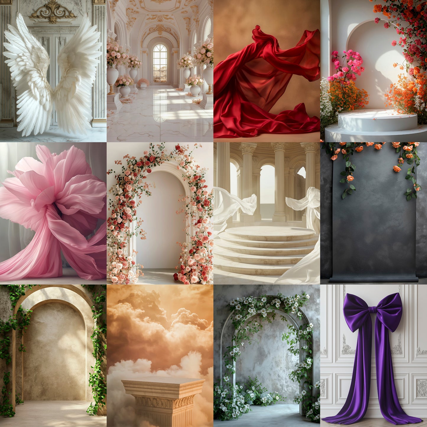 Collage of decorative elements including wings, fabric, flowers, and arches in various settings.