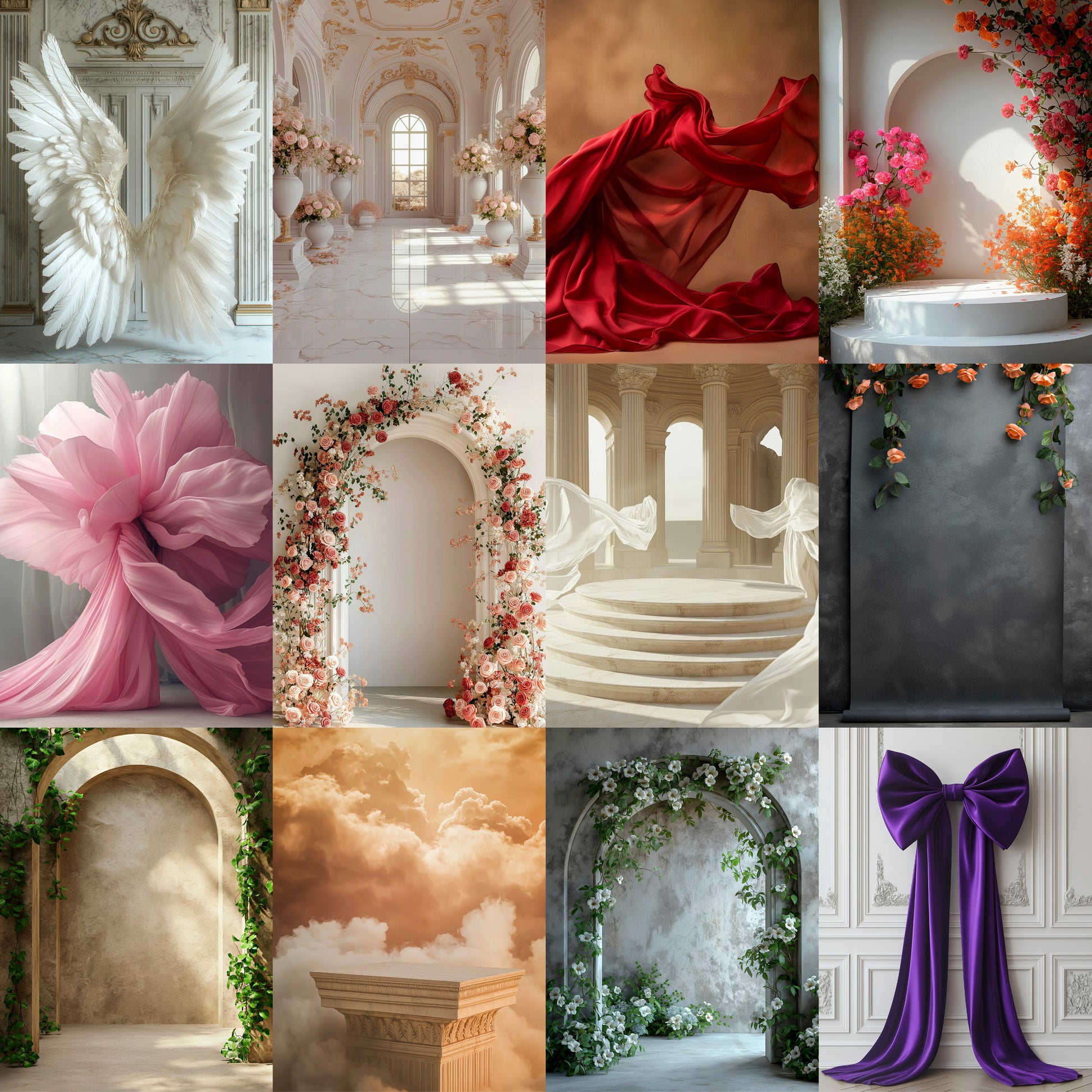 Collage of decorative elements including wings, fabric, flowers, and arches in various settings.