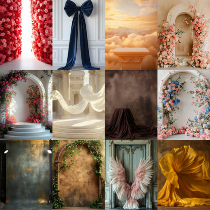 Collage of various decorative backdrops with floral arrangements, arches, and other props.