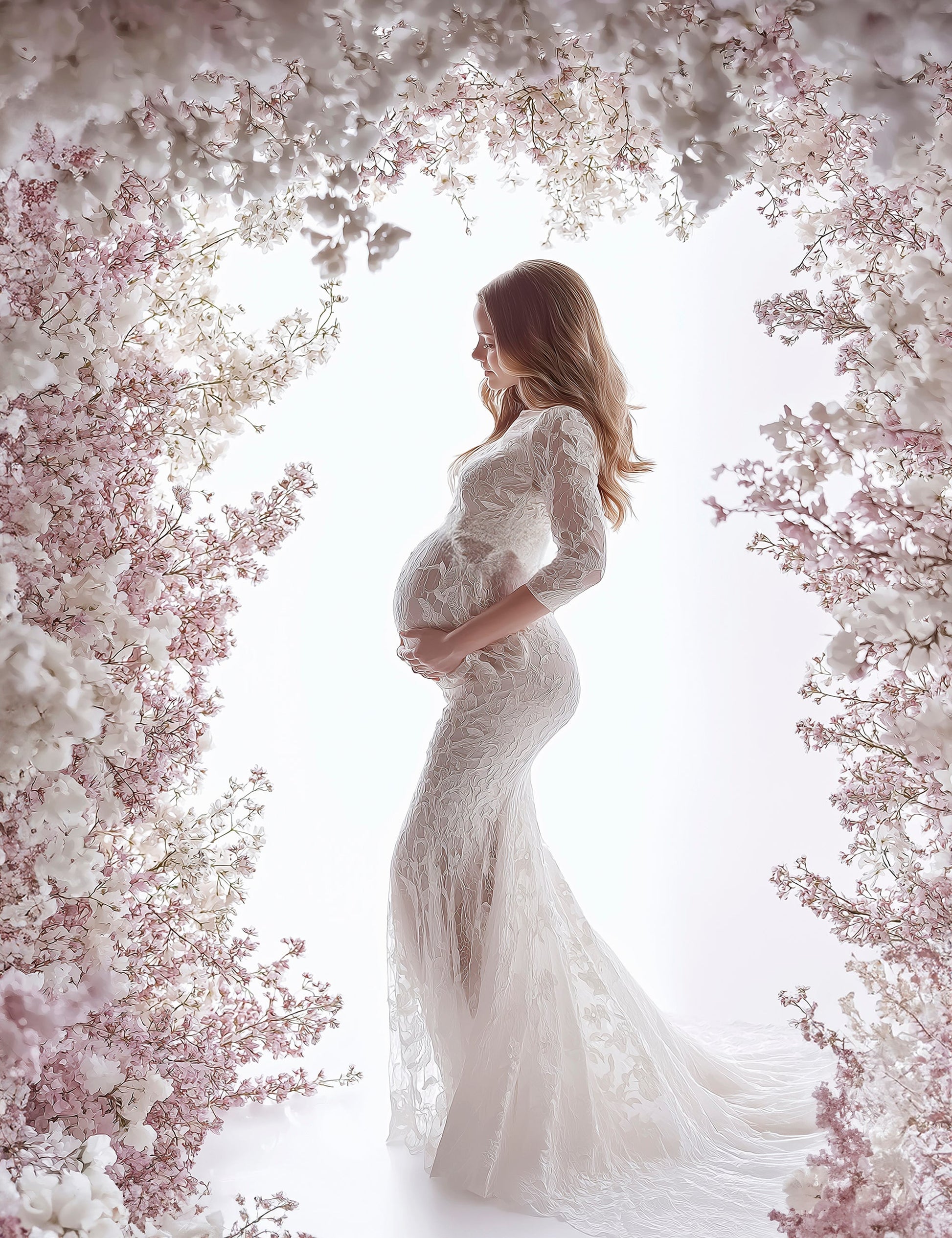 Newborn studio backdrop with natural light and florals