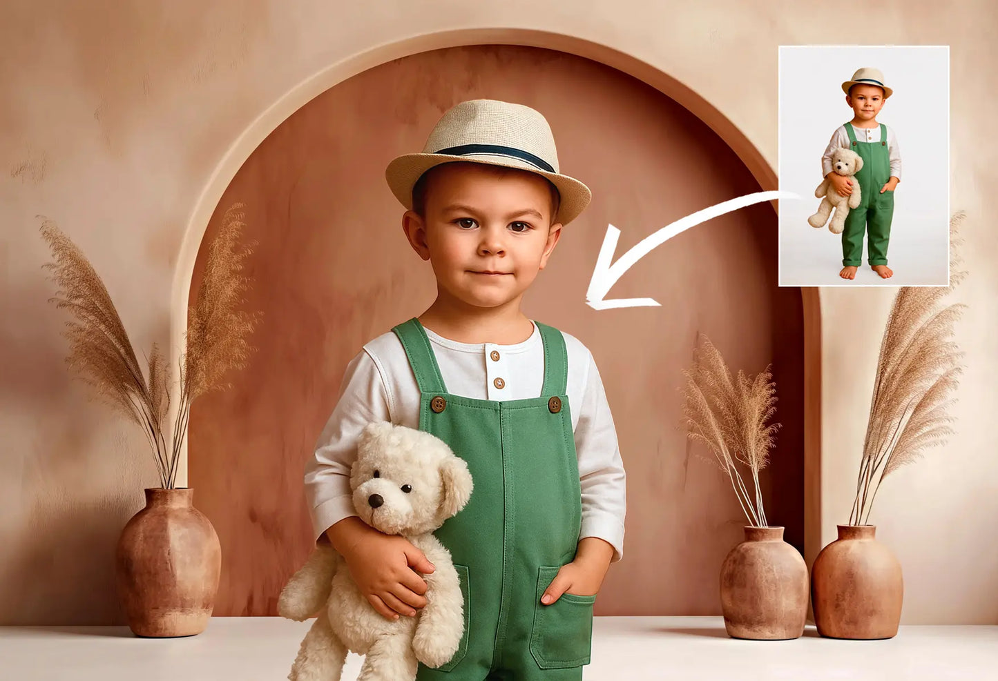 Child in green overalls and hat holding a teddy bear in a decorative setting with vases and plants.