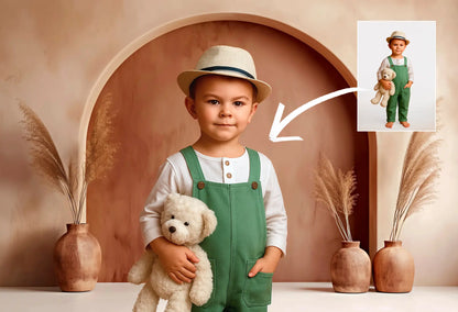 Child in green overalls and hat holding a teddy bear in a decorative setting with vases and plants.