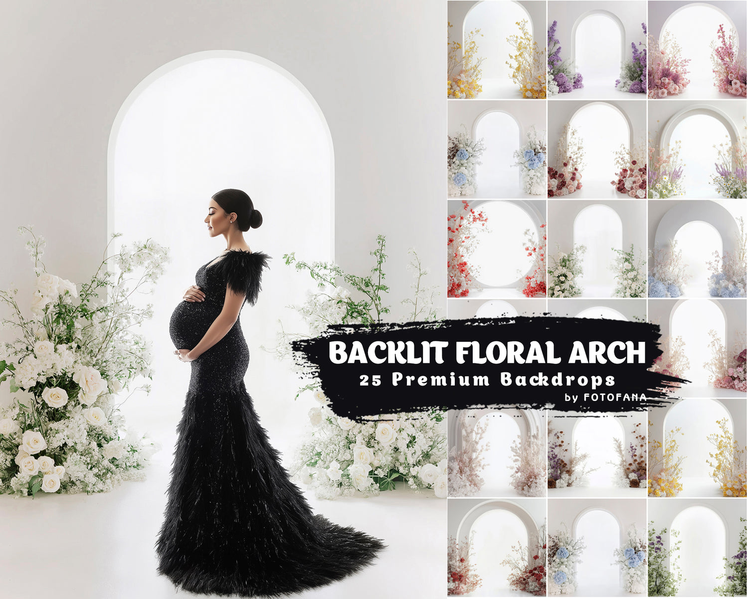 Digital backdrop with floral backlit arch for portraits