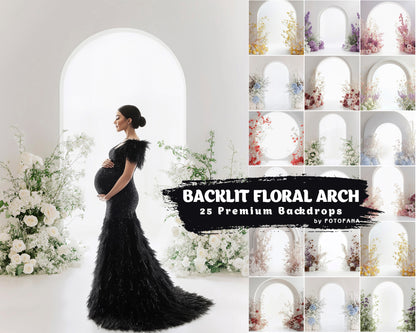 Digital backdrop with floral backlit arch for portraits