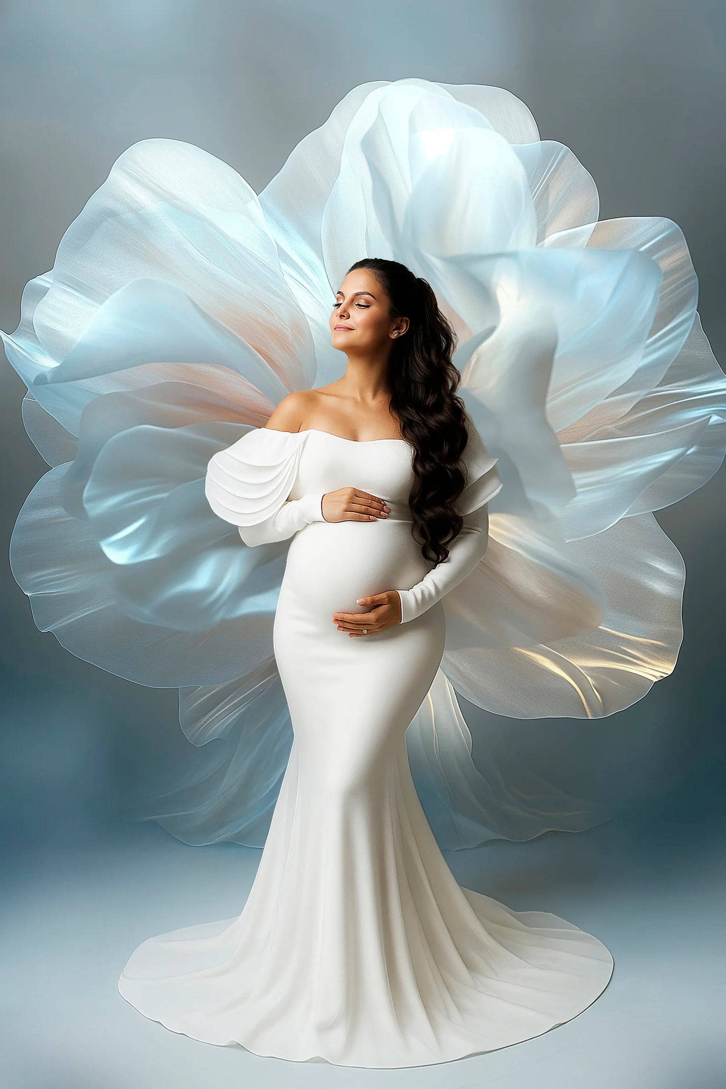 Woman in a white gown with flowing fabric against a light blue background