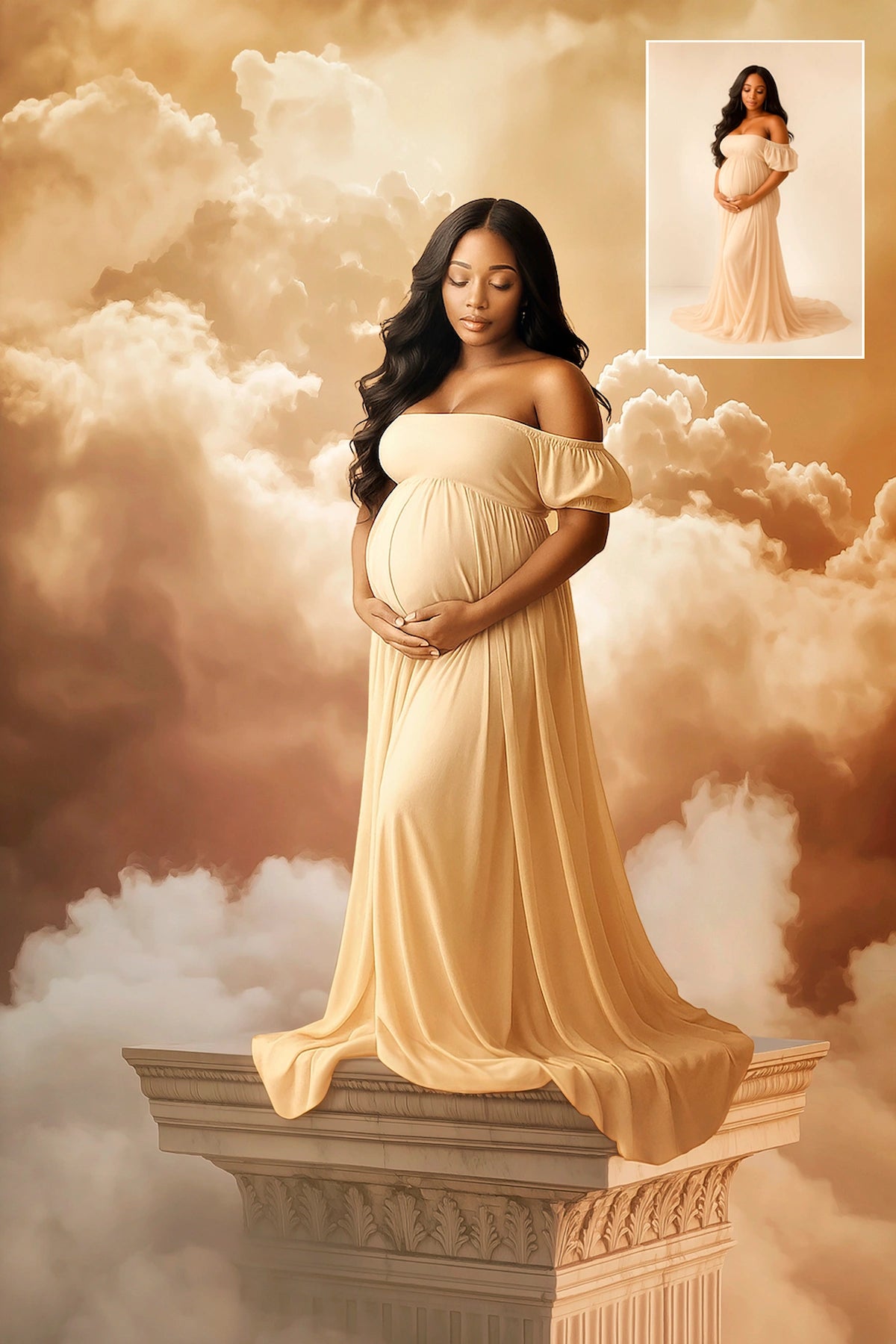 Pregnant woman in a flowing dress standing on a pedestal with clouds in the background
