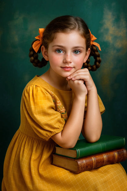 Young girl in a yellow dress with braided hair and orange ribbons, sitting behind a stack of books against a teal background.