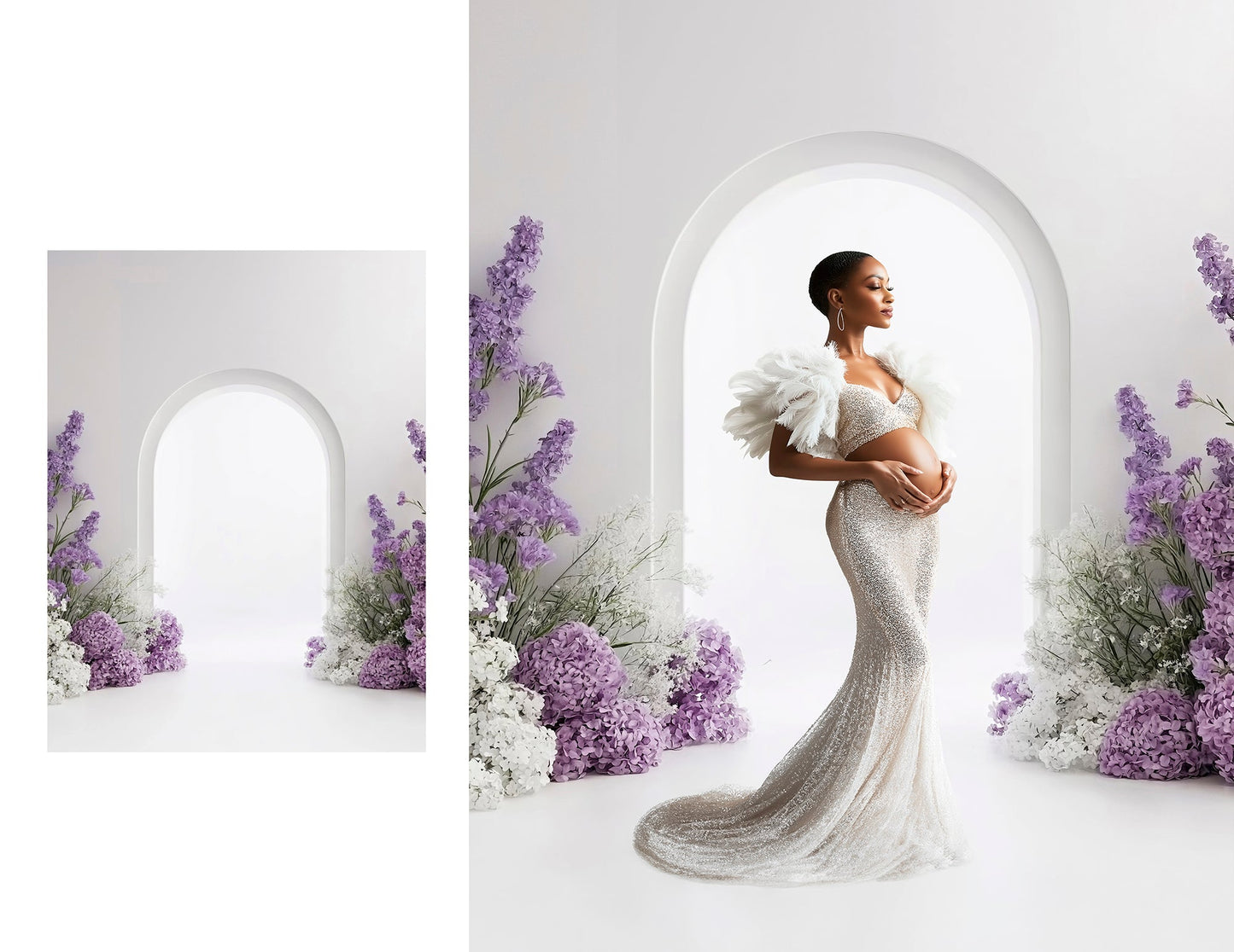 Backlit floral arch scene for studio portraits