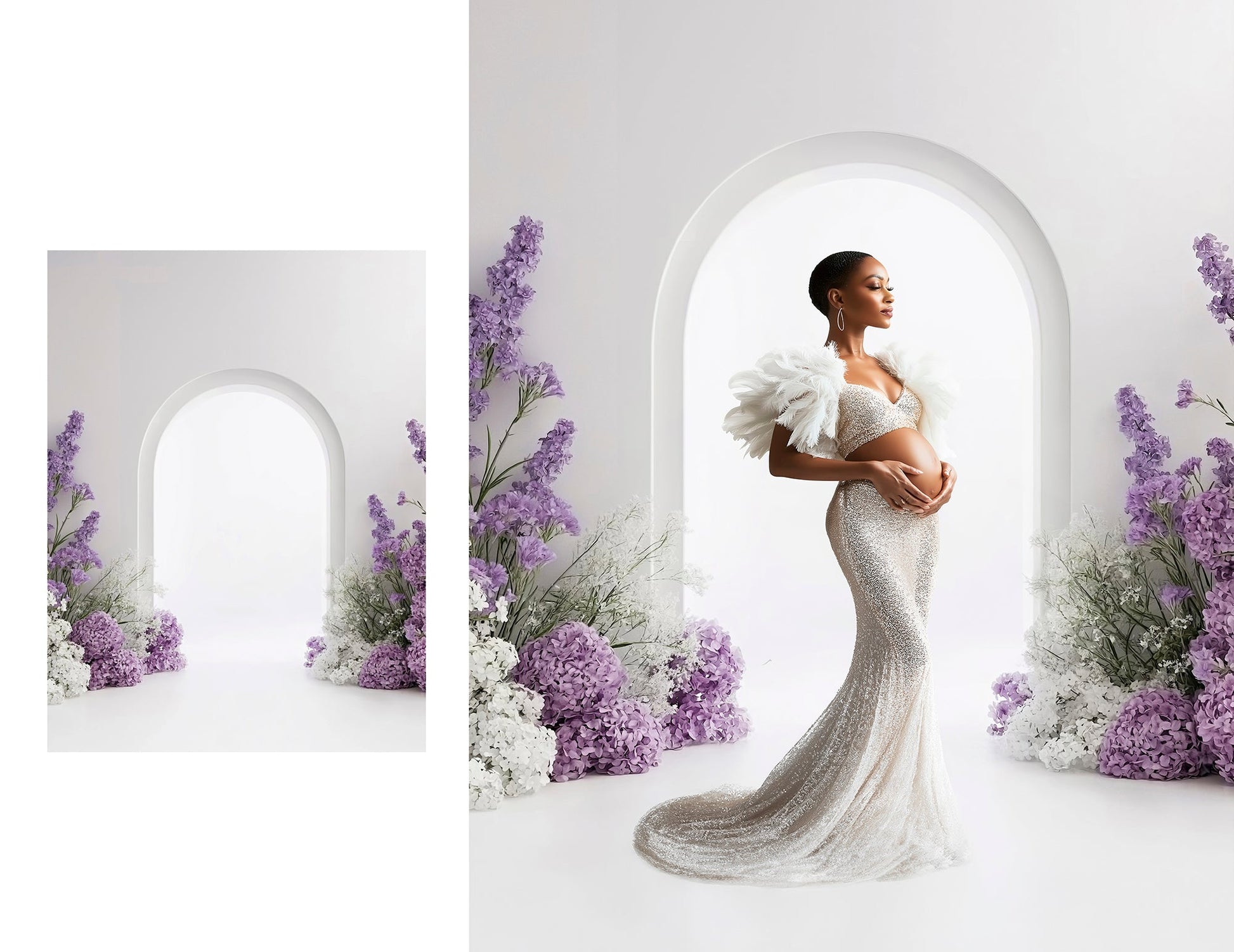 Backlit floral arch scene for studio portraits