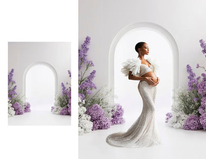 Backlit floral arch scene for studio portraits