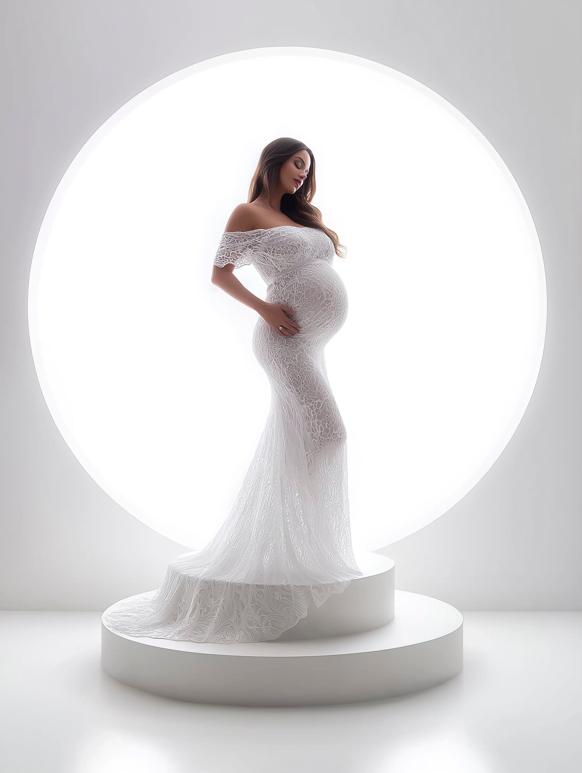 Fine art portrait backdrop with backlit white podium