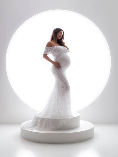 Fine art portrait backdrop with backlit white podium