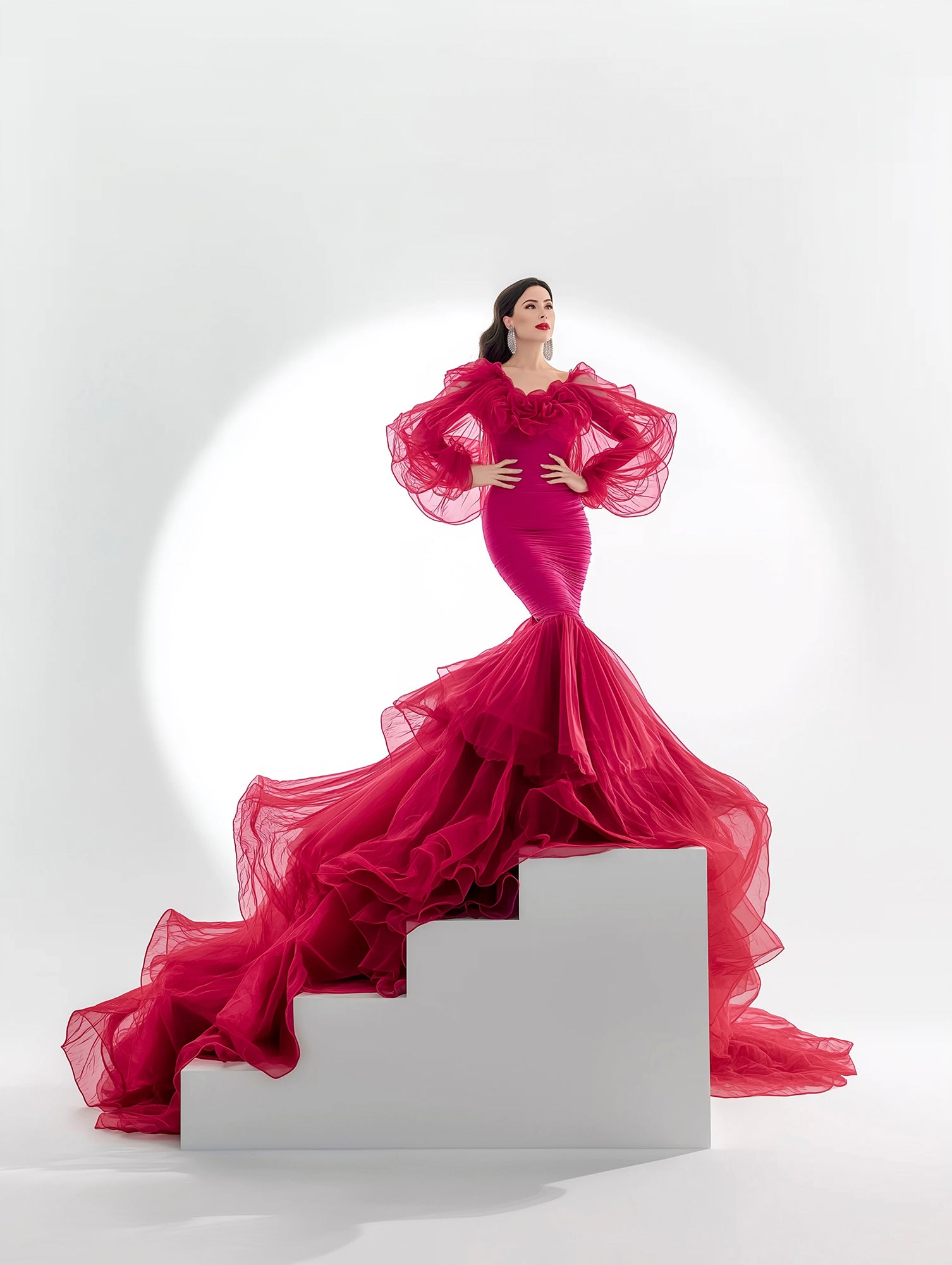 Backlit podium digital backdrop for portrait photography - red dress