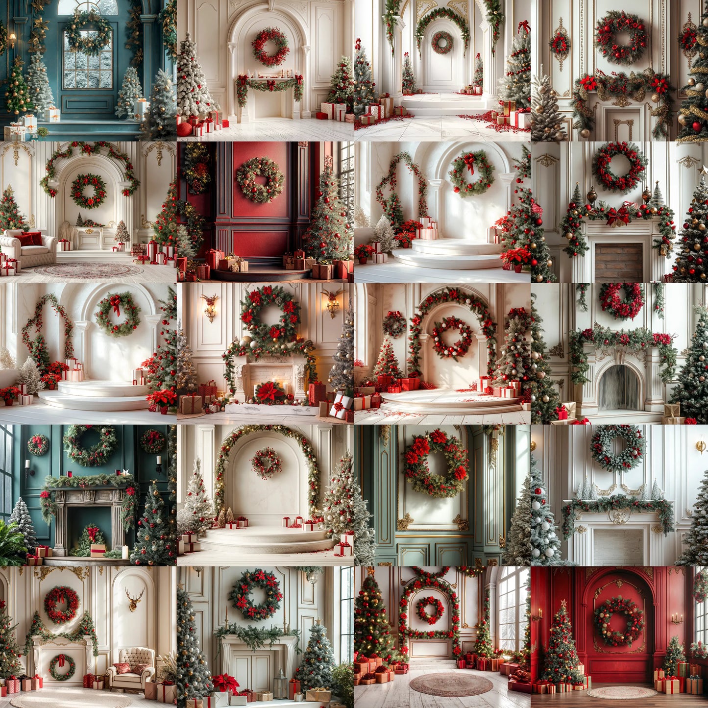 Collage of various Christmas decorated rooms with wreaths, trees, and festive decor.