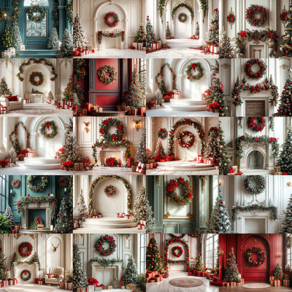 Collage of various Christmas decorated rooms with wreaths, trees, and festive decor.