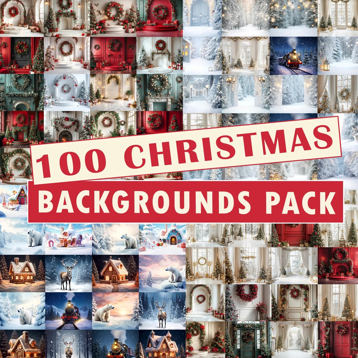 Collage of Christmas-themed backgrounds with text overlay '100 Christmas Backgrounds Pack'.