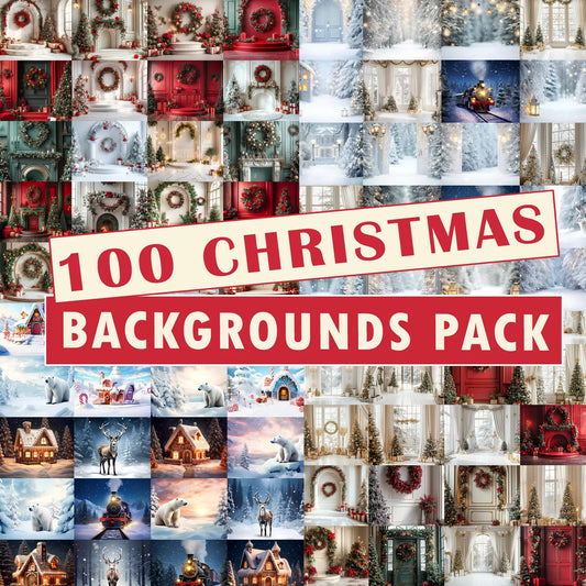 Collage of Christmas-themed backgrounds with text overlay '100 Christmas Backgrounds Pack'.