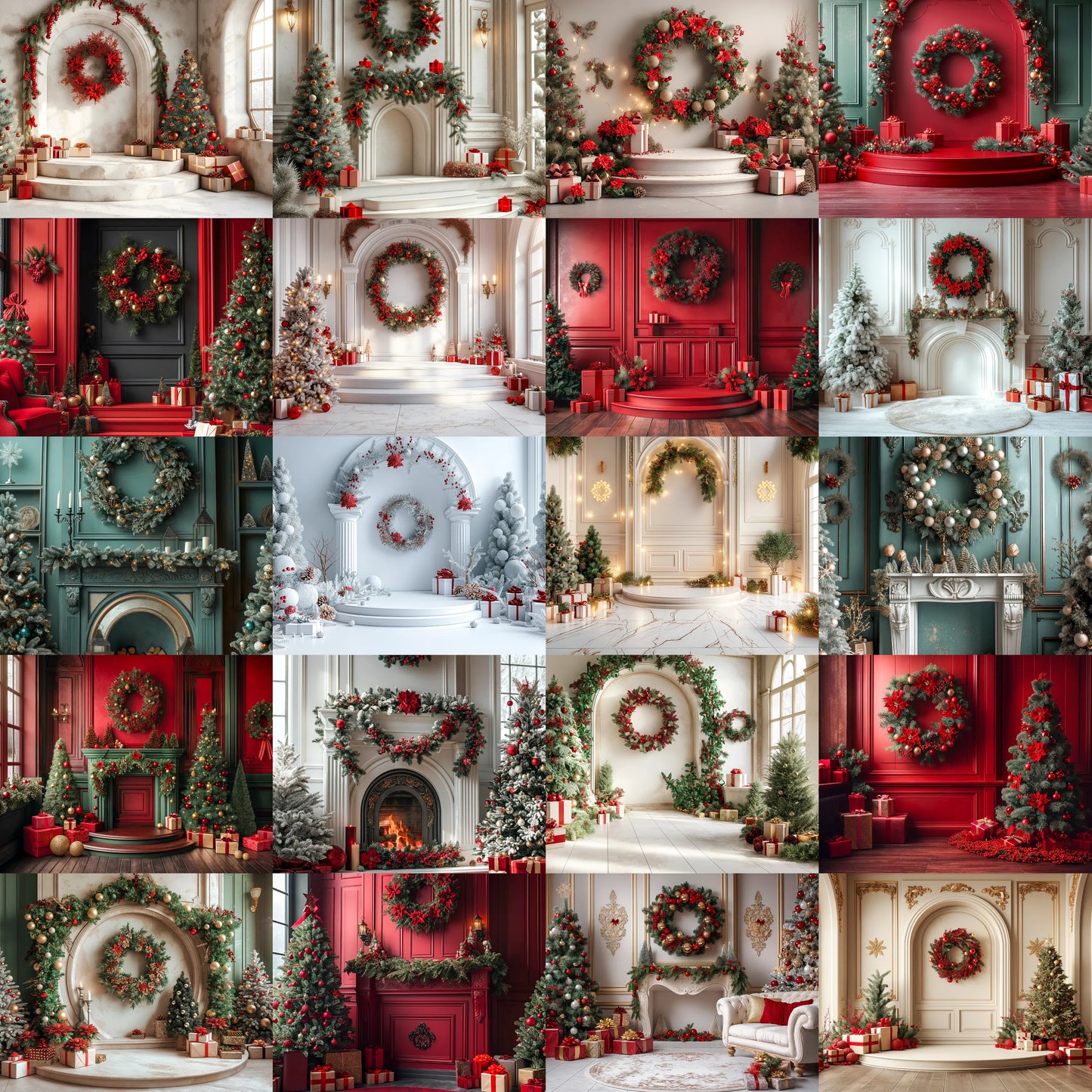 Collage of various Christmas-themed interior decorations with wreaths, trees, and festive decor.