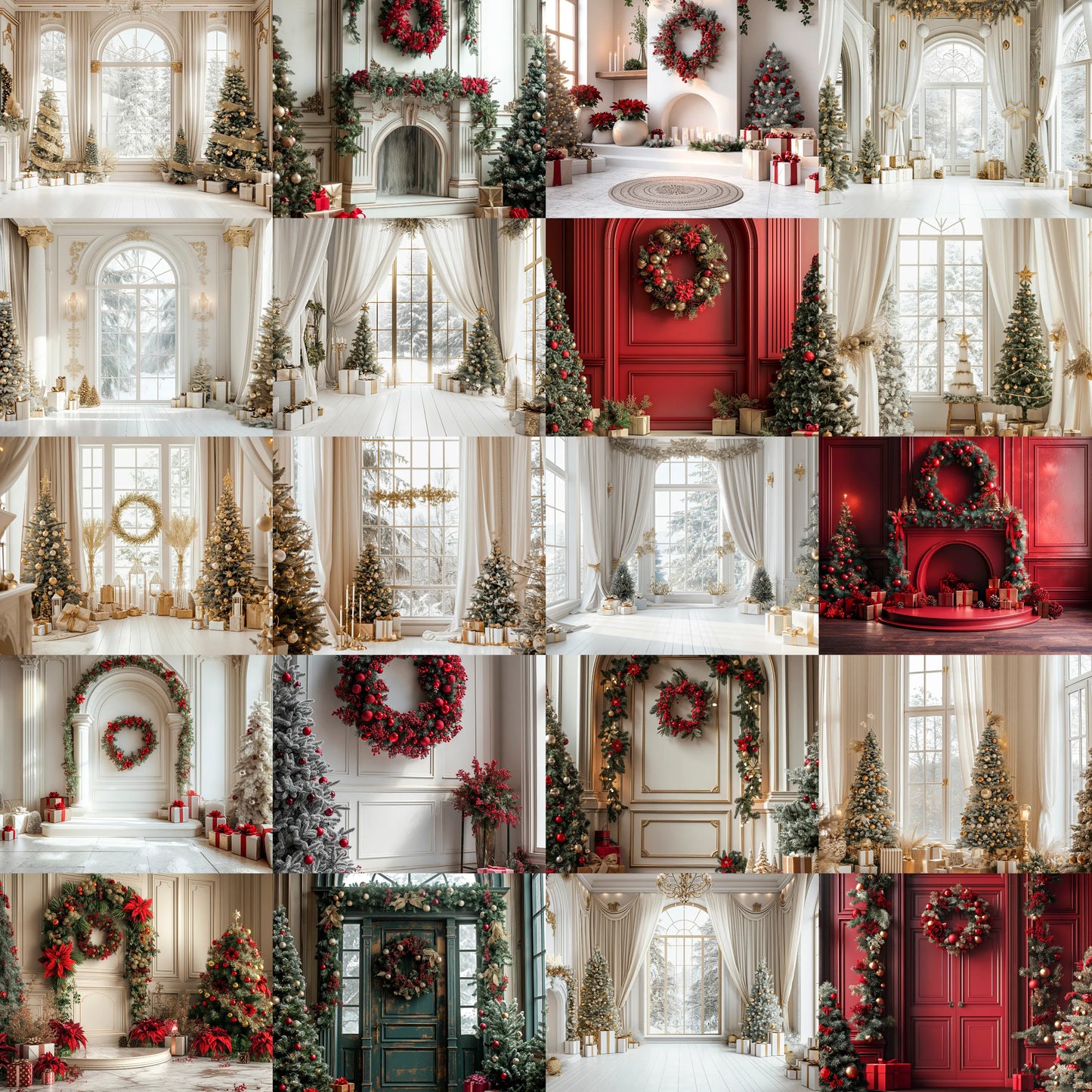 Collage of various Christmas interior decorations including wreaths, trees, and candles.