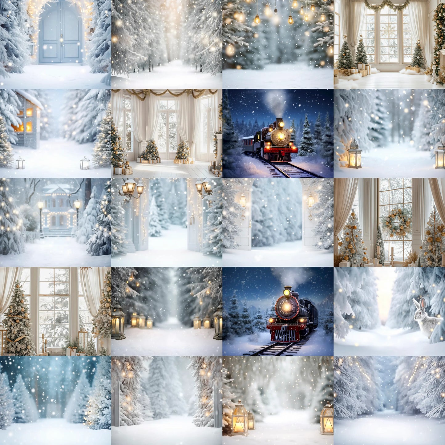 Collage of winter scenes with Christmas trees, snow, and a train.