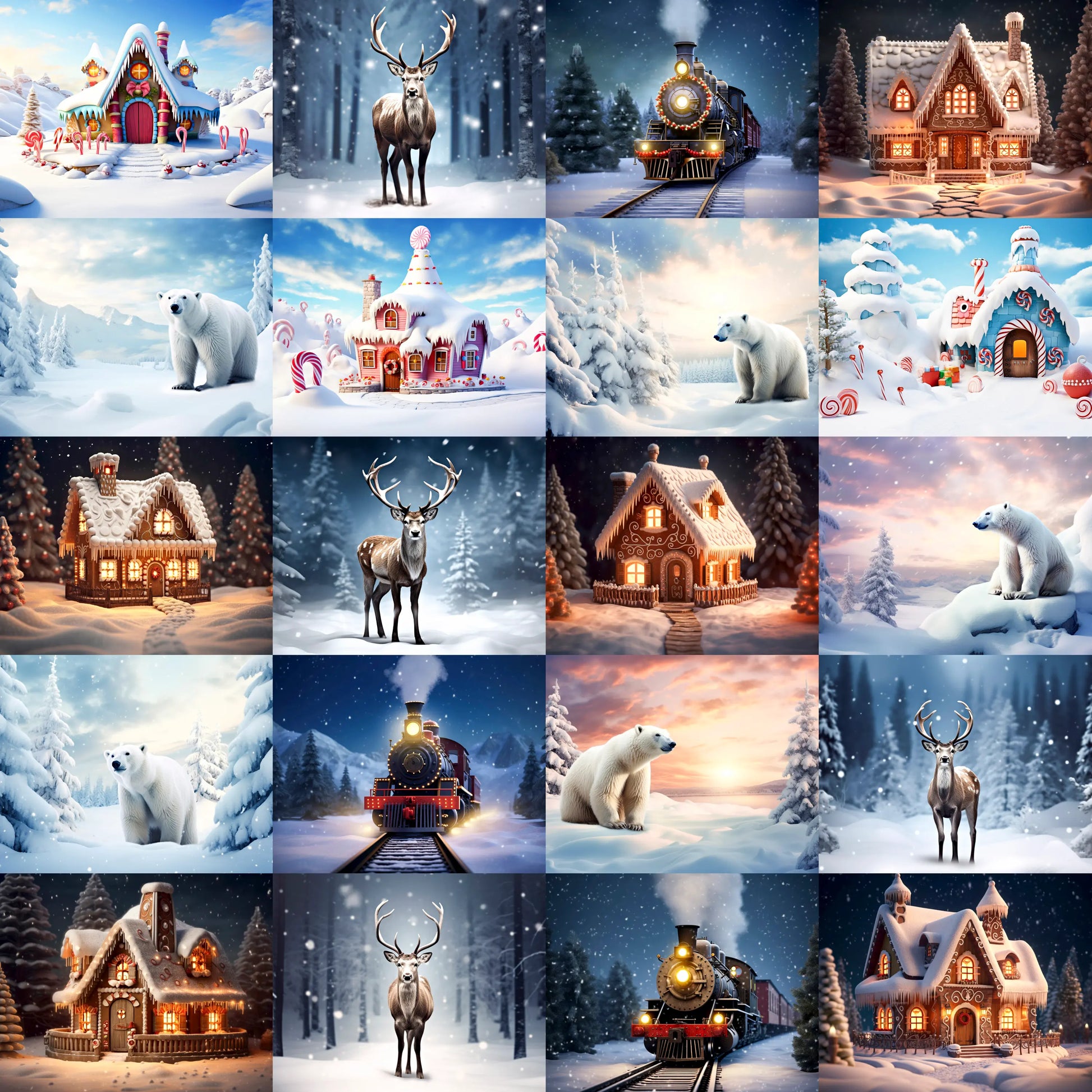 Collage of winter scenes with houses, animals, and a train in a snowy landscape.