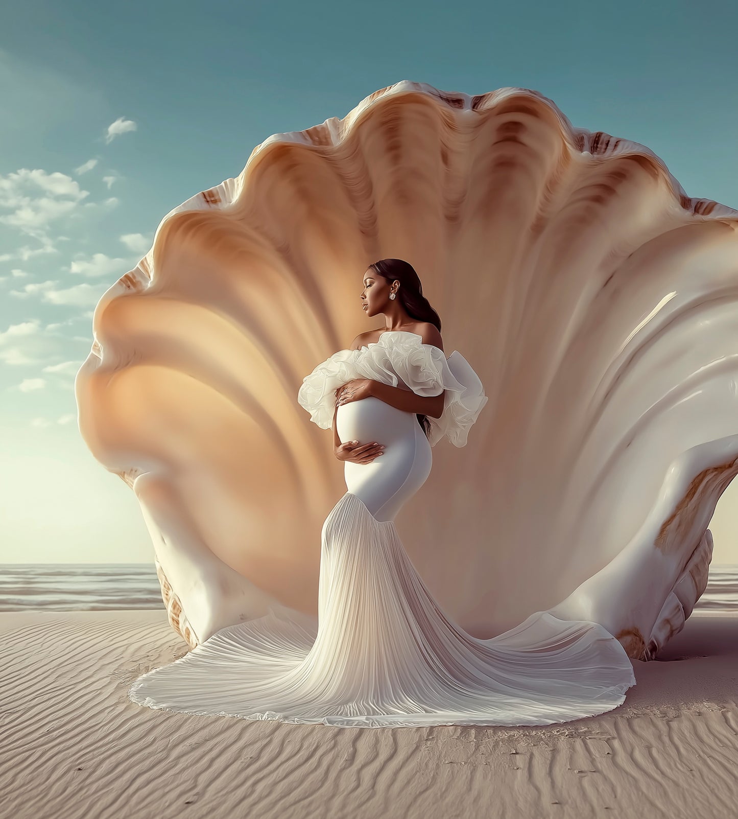 Pregnant woman posing on the sand with large seashell background – Photoshop maternity digital backdrop.