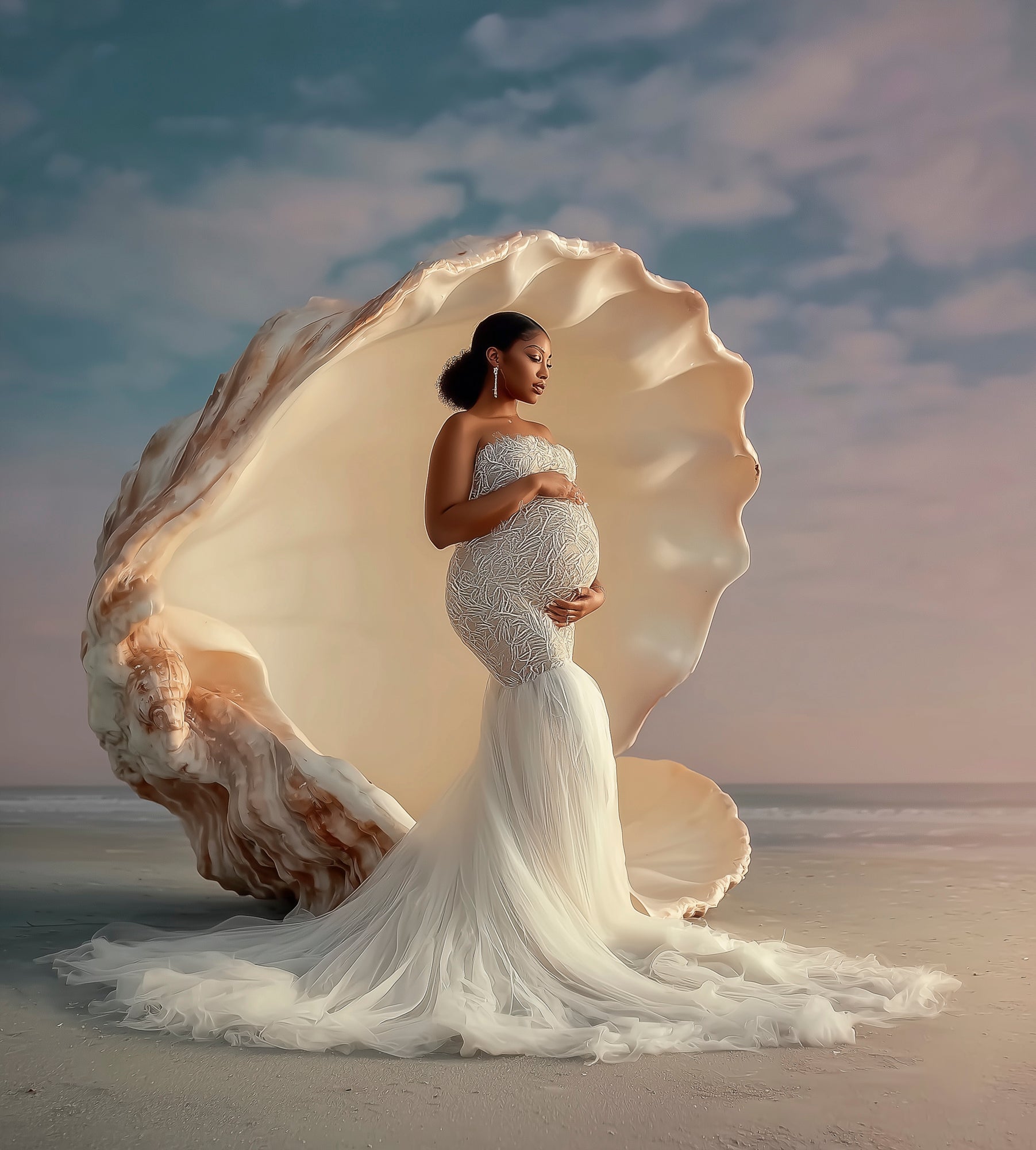 Elegant maternity gown and seashell beach setting – newborn and portrait photography digital background.