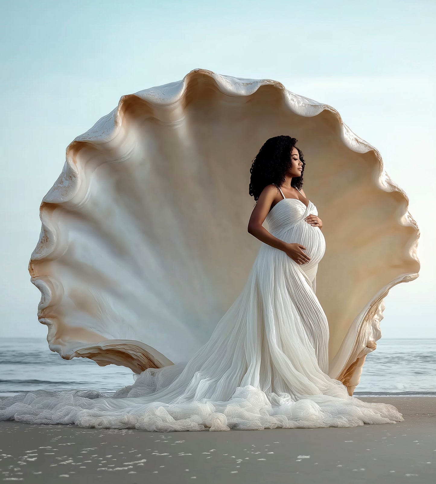 Elegant pregnant woman in long gown with seashell backdrop – portrait photography composite background.