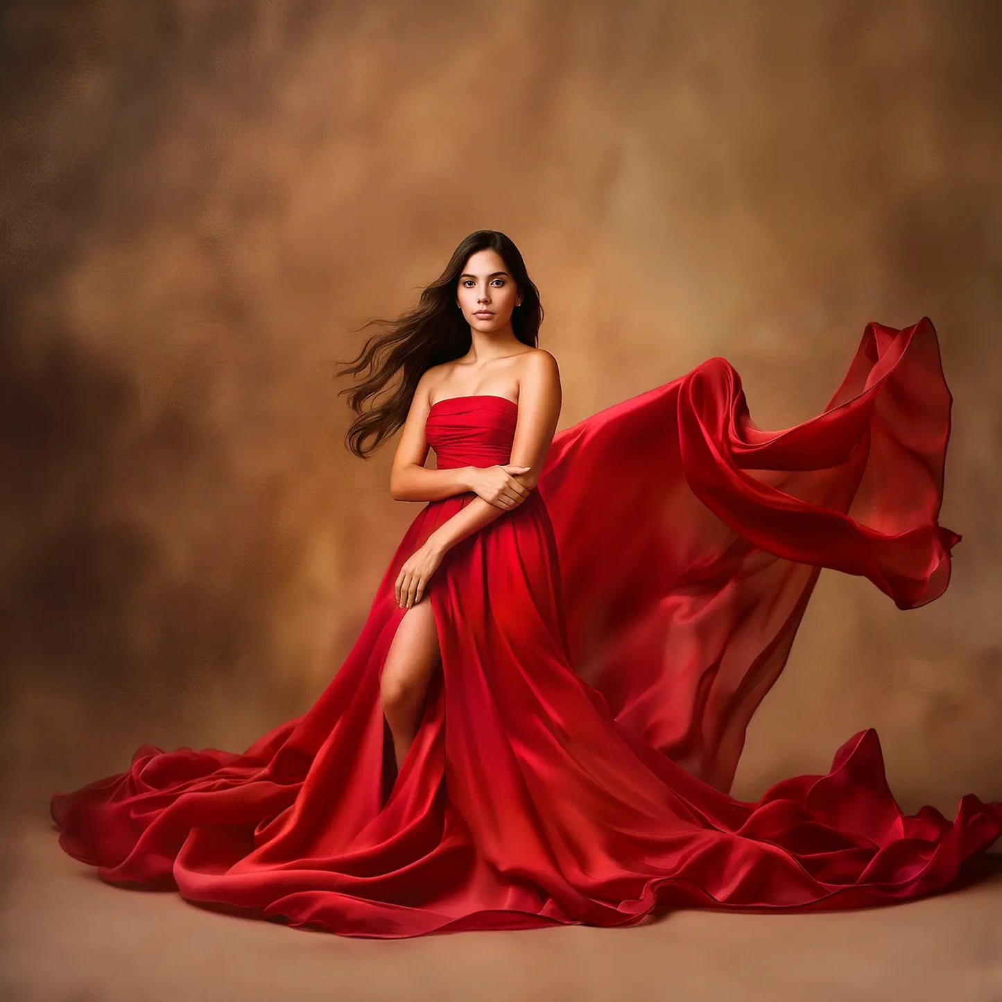 Woman in a flowing red dress against a brown background