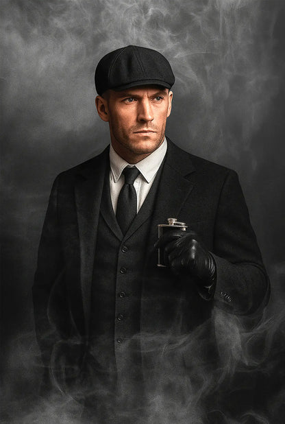 Man in a dark suit and cap holding a flask against a smoky background