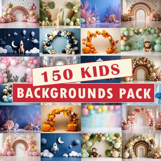Collage of various children's backgrounds with decorative elements and text '150 Kids Backgrounds Pack'.