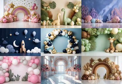 Collage of various decorative setups including balloons, arches, and props in different styles.