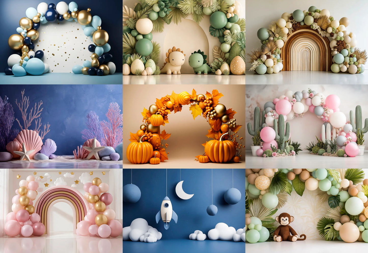 Collage of various decorative balloon arches and wreaths in different styles and colors.