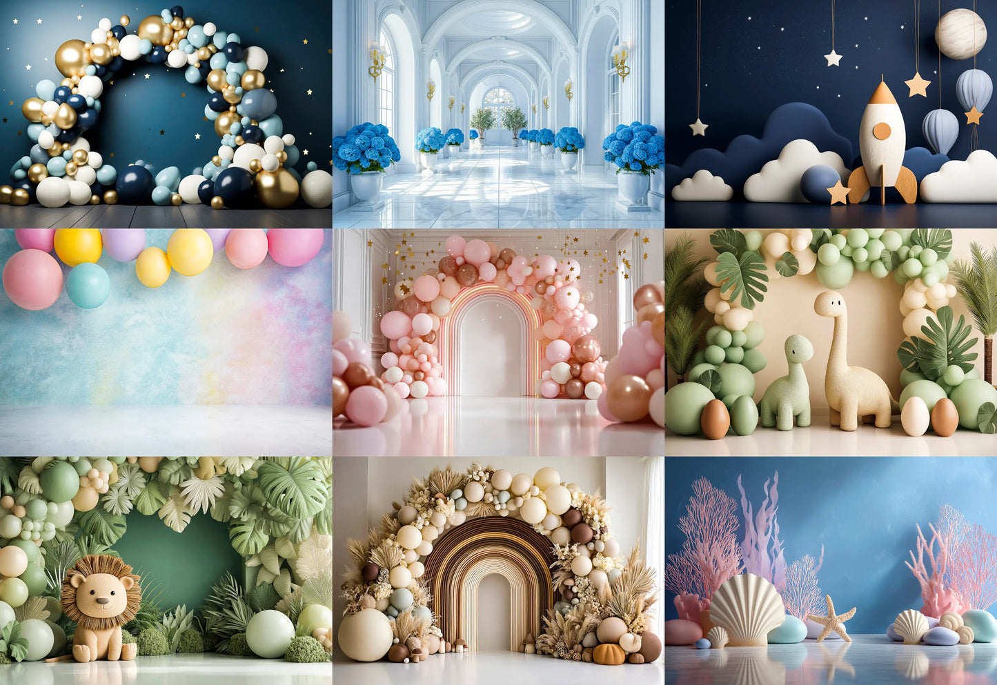Collage of various decorative balloon arches and backdrops with different themes.