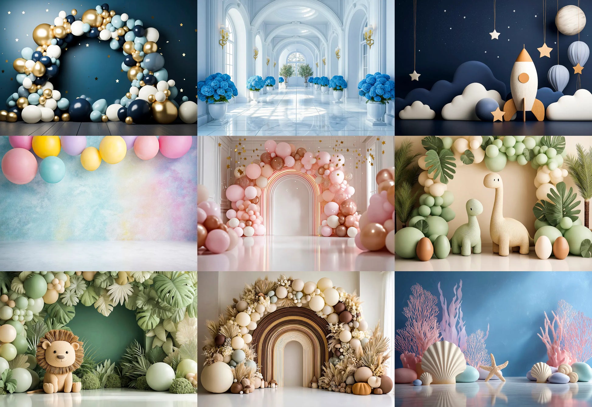 Collage of various decorative balloon arches and backdrops with different themes.